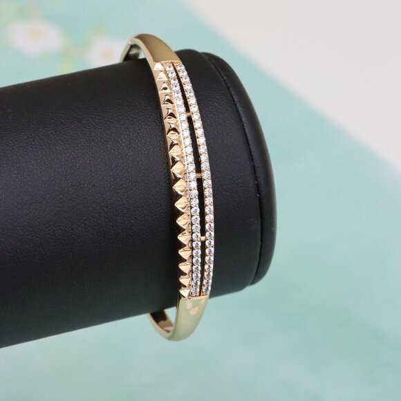 Rose Gold Bangle with Dual CZ Rows and Stud Detail, XPBL0539 - Picture 5 of 12